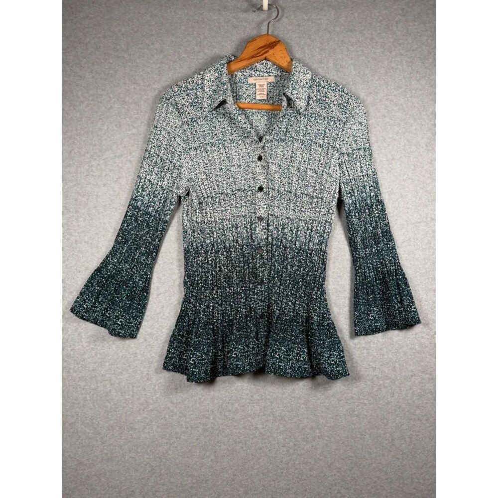 Covington Teal White Ombré Pleated Button Front Blouse Bell Sleeve XL 3856